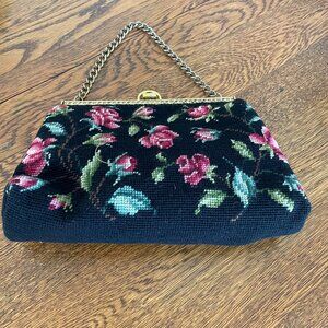 Vintage Black/Floral Tapestry/Needlepoint Purse